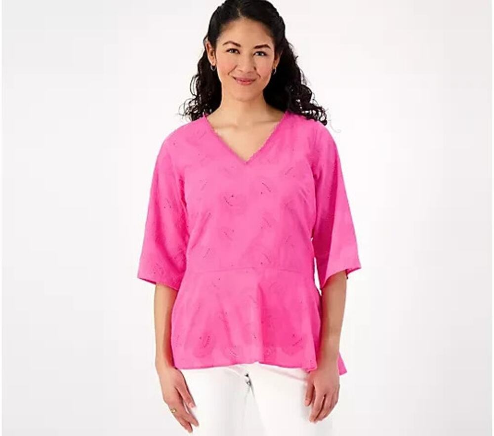 Isaac Mizrahi Live Tunic Womens Plus 1X Pink Paisley Embroidered Bohemian V Neck